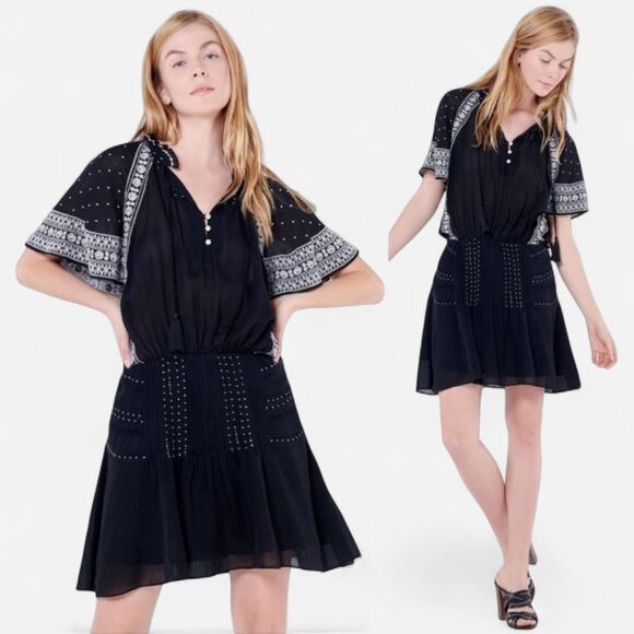 Veronica Beard Minos Embroidered Flutter Sleeve Mini Dress – Silk-Blend Boho 6 - Picture 8 of 8